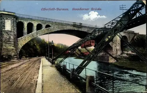 Ak Elberfeld Wuppertal in Nordrhein Westfalen, Sonnborner Brücke, Schwebebahn