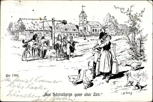 Künstler Ak Pötsch, B., Berlin Schöneberg, Historisches Bild der Ortschaft um 1780, Soldaten, Kirche