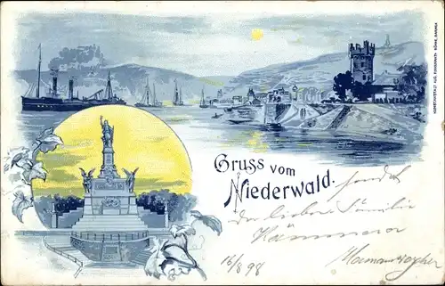 Künstler Mondschein Litho, Rüdesheim am Rhein, Niederwalddenkmal bei Nacht, Hafenpartie