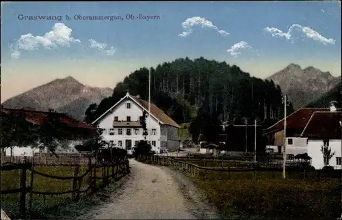 Ak Graswang Ettal Oberbayern, Straße, Häuser, Zaun
