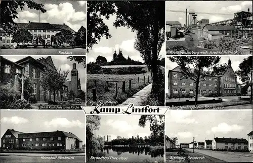 Ak Kamp Lintfort Niederrhein, See, Rathaus, Steinkohlebergwerk Friedrich Heinrich, Kloster Kamp