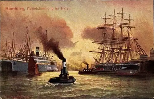 Künstler Ak Hamburg, Hafen, Abendstimmung