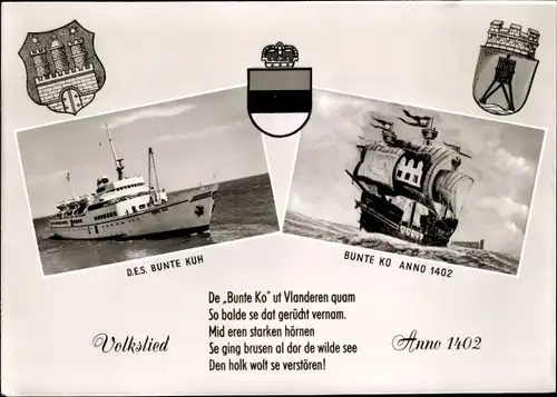 Wappen Ak Segelschiff und Dampfer Bunte Kuh, Volkslied Anno 1402
