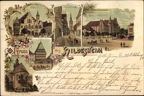 Litho Hildesheim in Niedersachsen, Dom, Rathaus, Knochenhaueramtshaus, Markt, Rosenstock