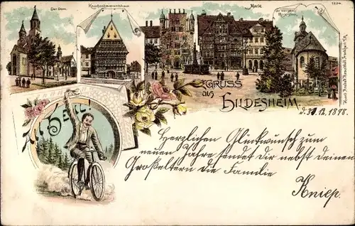 Litho Hildesheim in Niedersachsen, Dom, Rathaus, Knochenhaueramtshaus, Markt, Rosenstock, Radfahrer