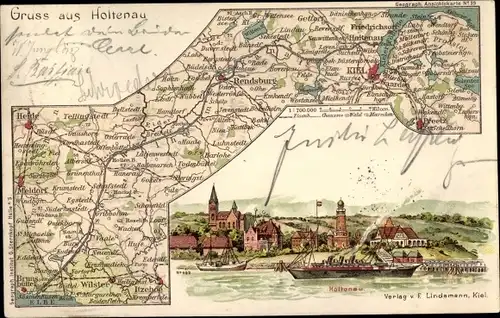 Landkarten Litho Holtenau Kiel in Schleswig Holstein, Stadtansicht, Dampfer