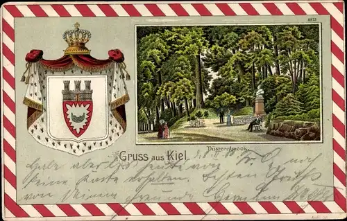 Wappen Passepartout Litho Düsternbrook Kiel in Schleswig Holstein, Parkanlage, Denkmal