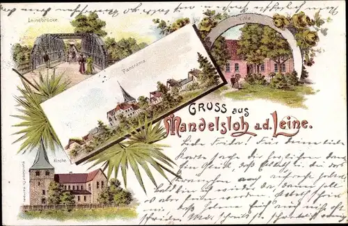 Litho Mandelsloh Neustadt am Rübenberge, Kirche, Villa, Panorama, Leinebrücke