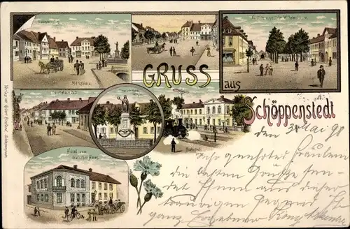 Litho Schöppenstedt in Niedersachsen, Marktplatz, Wilhelmstraße, Bahnhof, Hotel zum deutschen Haus