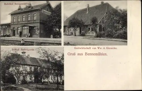 Ak Bennemühlen Wedemark Niedersachsen, Bahnhof, Gastwirtschaft Ww. A. Giesecke, Schloss Hedwigsruh
