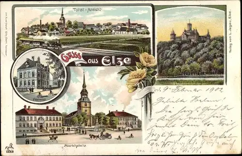 Ak Elze Kreis Hildesheim Niedersachsen, Panorama, Postamt, Marktplatz, Marienburg