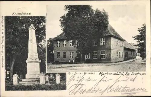 Ak Hankensbüttel in Niedersachsen, Gasthaus H. v. Borries, Kriegerdenkmal