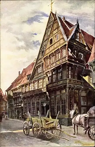 Künstler Ak Heyer, R., Hildesheim Niedersachsen, Das Altdeutsche Haus in der Osterstraße, Fuhrwerk