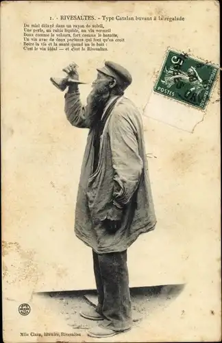 Ak Rivesaltes Pyrénées Orientales, Type Catalan buvant a la regalade
