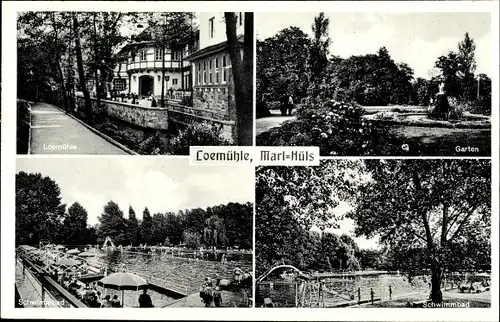 Ak Hüls Marl im Ruhrgebiet, Loemühle, Garten, Schwimmbad, Badegäste