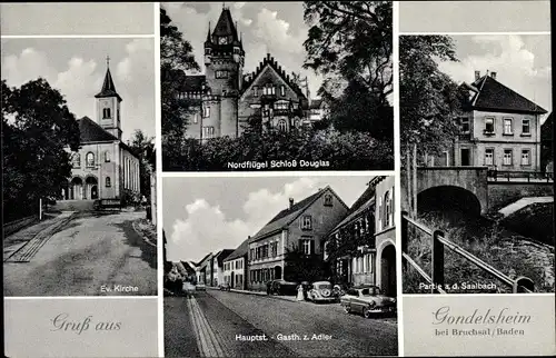 Ak Gondelsheim, Lebensmittelgeschäft, Nordflügel Schloss Douglas, Kirche, Saalbach, Gasth. z. Adler