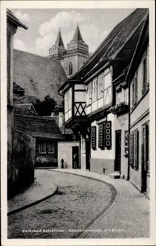 Ak Salzelmen Schönebeck an der Elbe, Rosmarienstraße, Kirche, Fachwerkhaus