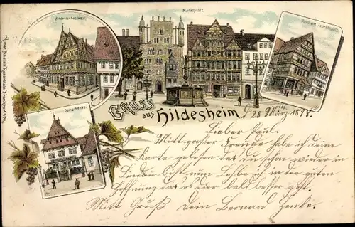 Litho Hildesheim in Niedersachsen, Domschenke, Haus am Andreasplatz, Marktplatz