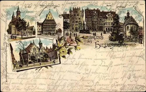 Litho Hildesheim in Niedersachsen, Dom, Rathaus, Knochenhaueramtshaus, Markt, Rosenstock