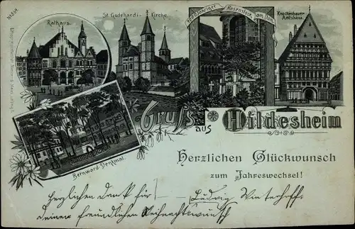 Litho Hildesheim in Niedersachsen, Knochenhaueramtshaus, Dom, Rosenstock, Kirche, Rathaus, Denkmal