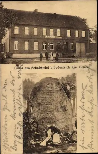 Ak Schafwedel Bad Bodenteich in der Lüneburger Heide, Gasthaus Fr. Schulze, Gedenkstein