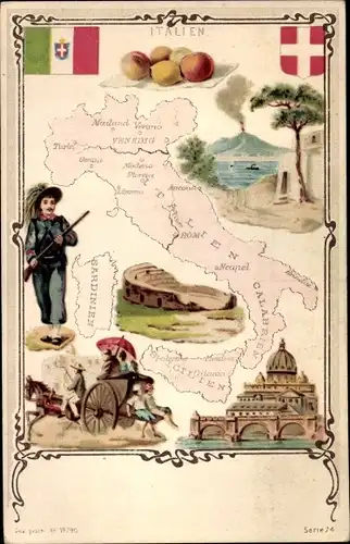 Landkarten Litho Italien, Sardinien, Sizilien, Trachten, Wappen