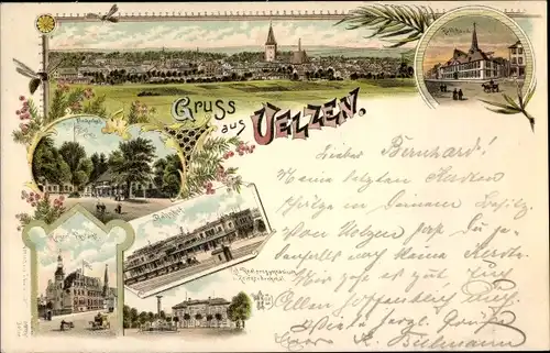 Litho Uelzen in Niedersachsen, Totalansicht, Fischerhof, Bahnhof, Postamt, Rathaus, Gymnasium