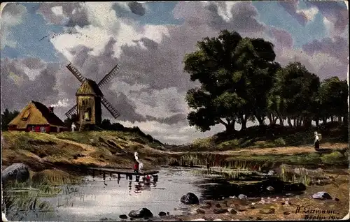 Künstler Ak Landschaft mit Haus und Windmühle