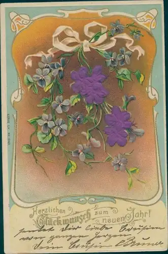 Stoff Präge Litho Glückwunsch Neujahr, Blumen, Veilchen