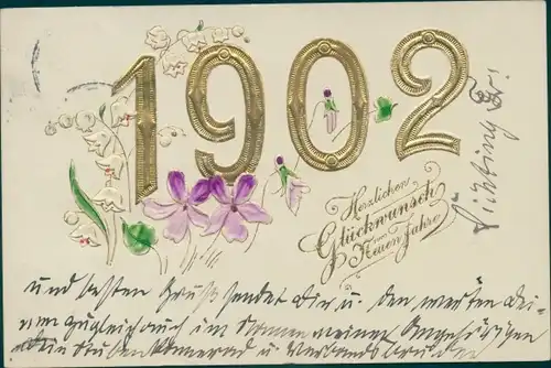 Präge Litho Glückwunsch Neujahr, Jahreszahl 1902, Blumen