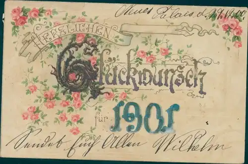 Glitzer Litho Glückwunsch Neujahr, Jahreszahl 1901, Rosenblüten