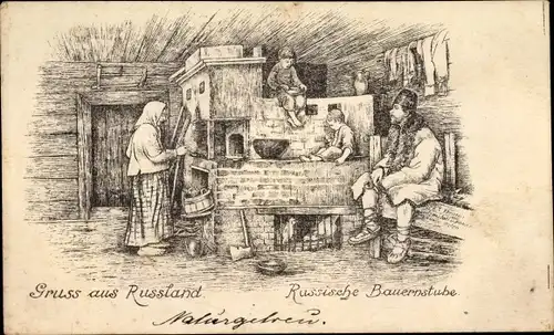 Künstler Ak Russische Bauernstube, Familie in Tracht, Ofen