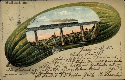 Passepartout Litho Znojmo Znaim Südmähren, Eisenbahnbrücke, Gurke