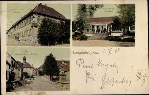 Ak Langenbrücken Bad Schönborn in Baden, Gasthaus z. Ochsen, Schwefelbad, Kurhaus, Rathaus, Hauptstr