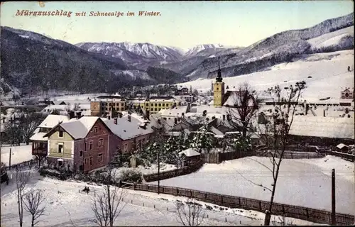 Ak Mürzzuschlag Steiermark, Panorama mit Schneealpe im Winter