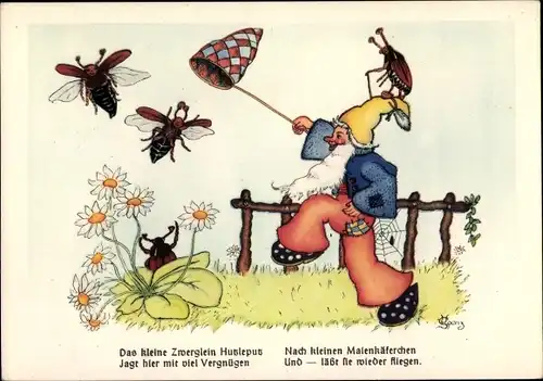 Künstler Ak Spenz, U., Glückwunsch Pfingsten, Zwerg versucht Maikäfer zu fangen, Spinnennetz