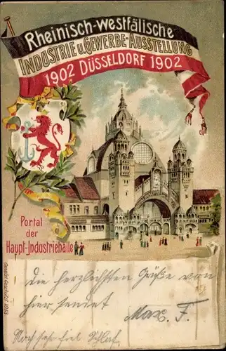 Wappen Litho Düsseldorf, Industrie u. Gewerbeausstellung 1902, Portal der Hauptindustriehalle