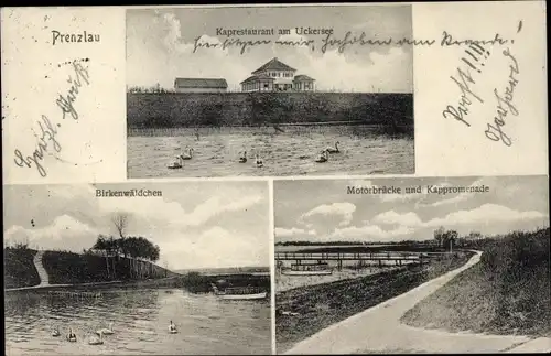 Ak Prenzlau in der Uckermark, Kaprestaurant am Uckersee, Birkenwäldchen, Motorbrücke