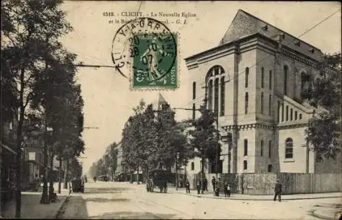 Ak Clichy Hauts de Seine, La Nouvelle Eglise et le Boulevard National