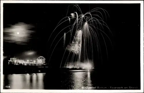 Mondschein Ak Insel Borkum Ostfriesland, Feuerwerk am Strand