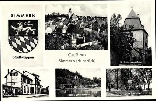 Wappen Ak Simmern im Hunsrück, Schinderhannesturm, Bahnhof, Rottmann Denkmal, Schwimmbad