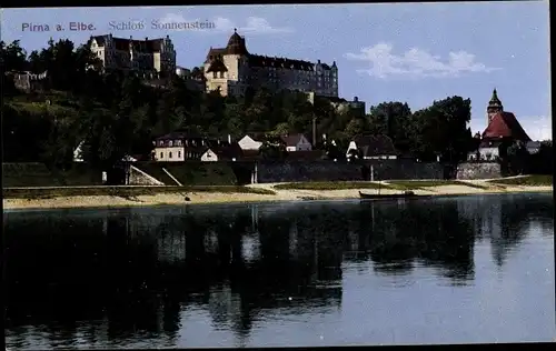 Ak Pirna a.d. Elbe, Ortschaft mit Schloss Sonnenstein vom Wasser aus