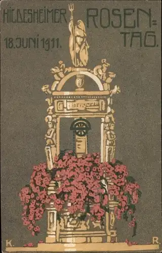 Künstler Ak Hildesheim in Niedersachsen, Rosentag 1911, Brunnen