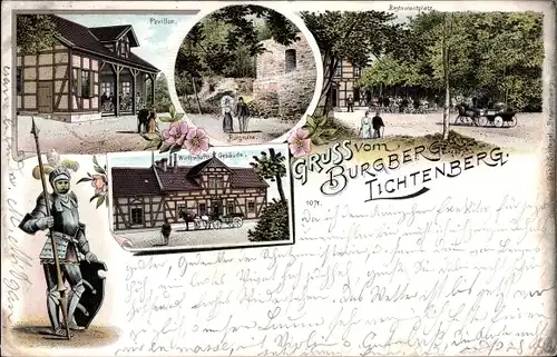 Litho Lichtenberg Salzgitter in Niedersachsen, Burgberg, Wirtschaftsgebäude, Burgruine, Restaurant