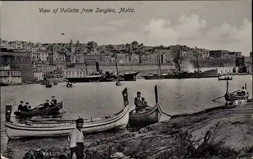 Ak Valletta Malta, View from Senglea, Blick auf den Ort, Ruderboote