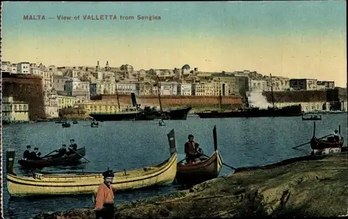 Ak Valletta Malta, Blick auf den Ort von Senglea aus, Ruderboote