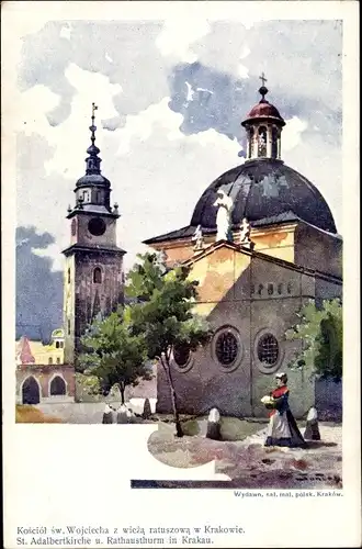 Künstler Ak Kraków Krakau Polen, St. Adalbertkirche, Rathausturm