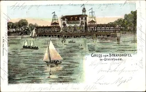 Litho Steinhude Wunstorf in Niedersachsen, Strandhotel, Segelboote