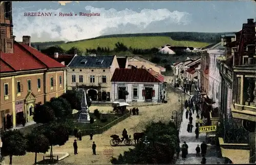 Ak Brzezany Ukraine, Blick auf den Ringplatz, Friseur