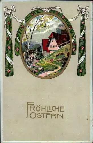 Passepartout Ak Glückwunsch Ostern, Frühlingslandschaft, Haus